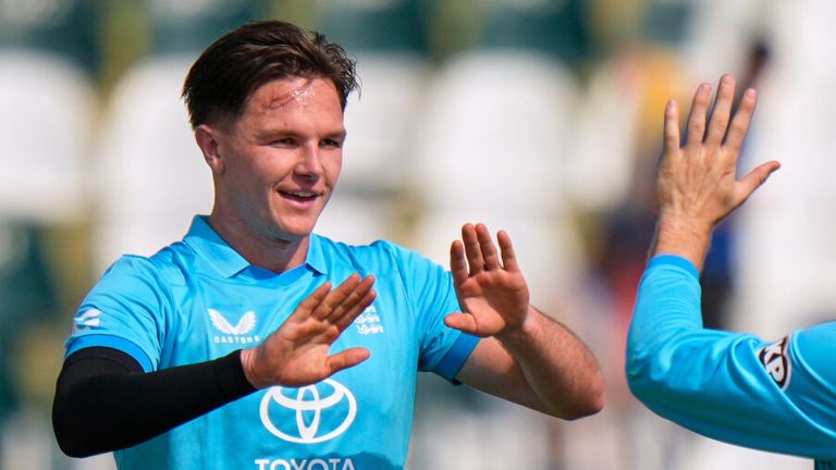 England's Sonny Baker celebrates a wicket in one-day international cricket (Associated Press)