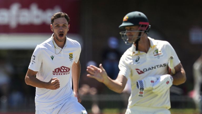 Jansen, left, celebrates the wicket of Australia's Beau Webster