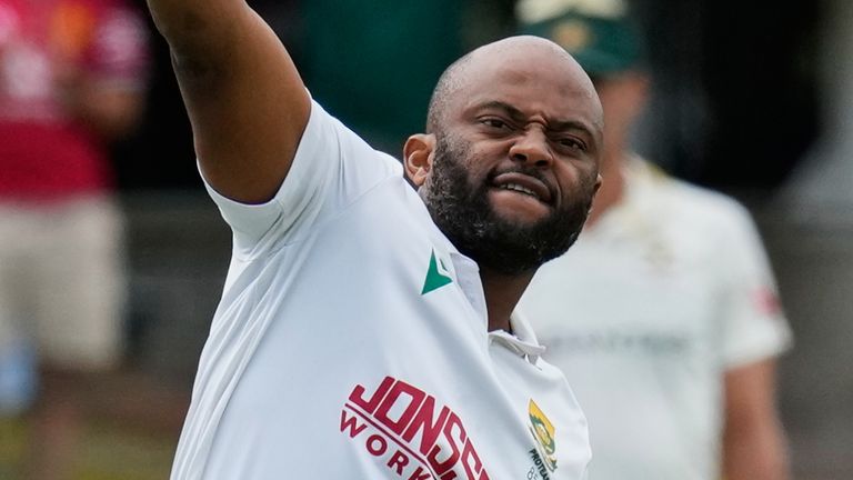 South Africa's captain Temba Bavuma celebrates after hitting a century on day three of the second cricket test match between South Africa and Australia, in Gqeberha, South Africa, Tuesday, Oct. 20, 2026. (AP Photo/Themba Hadebe)