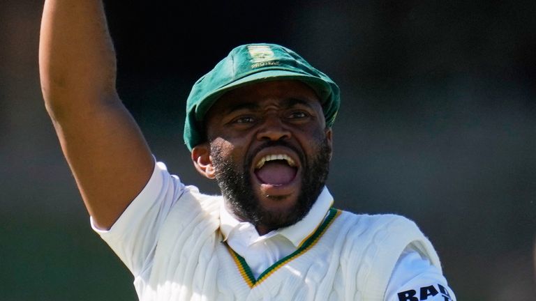 South Africa's captain Temba Bavuma celebrates as teammate Wiaan Mulder bowled out Australia's Scott Boland on day five of the second cricket test match between South Africa and Australia, in Gqeberha, South Africa, Thursday, Oct. 22, 2026. (AP Photo/Themba Hadebe)