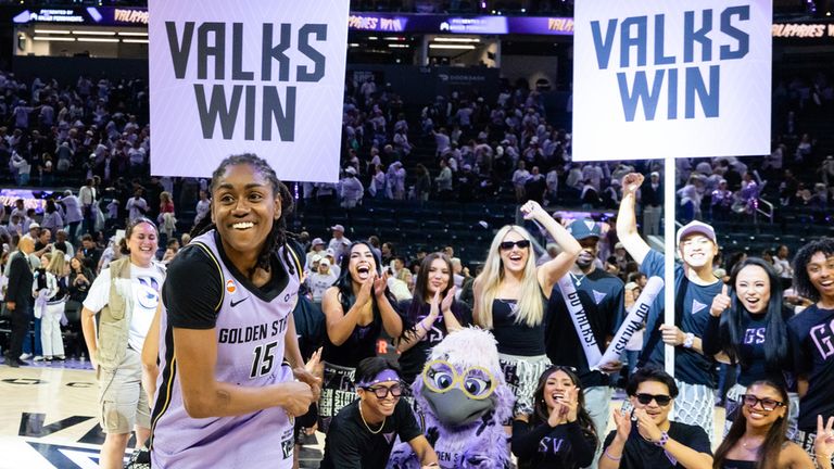 Tiffany Hayes #15 of the Golden State Valkyries is seen after posing for a photo after winning Game Two of the WNBA Playoff Semifinals again