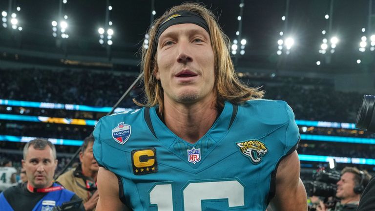 Jacksonville Jaguars quarterback Trevor Lawrence (16) leaves the field after an NFL football game against Philadelphia Eagles in London, Sunday, Oct. 11, 2026. (AP Photo/Alastair Grant)