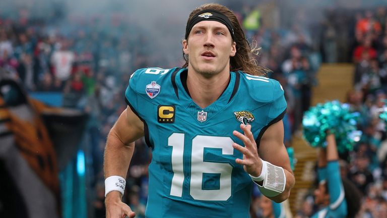 Jacksonville Jaguars quarterback Trevor Lawrence (16) runs onto the field before an NFL football game against Houston Texans in London, Sunday, Oct. 18, 2026. (AP Photo/Ian Walton)