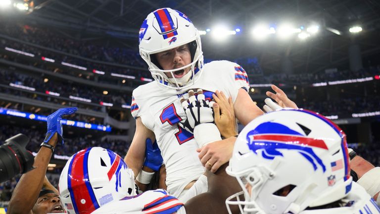 Buffalo Bills kicker Tyler Bass celebrates his winning field goal