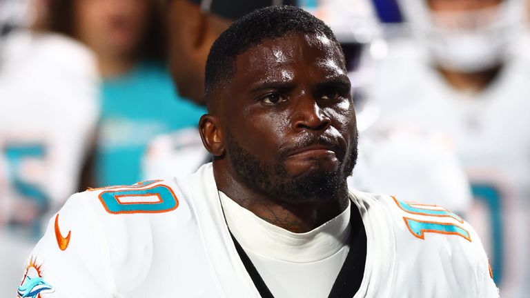 Miami Dolphins wide receiver Tyreek Hill (10) runs off the field before the first half of an NFL football game against the Buffalo Bills in Orchard Park, N.Y., Thursday Sept. 18, 2025. (AP Photo/ Jeffrey T. Barnes)