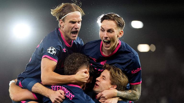 Gianni Stensness of Viking celebrates scoring his team’s first goal against Bayern Munich in the Champions League
