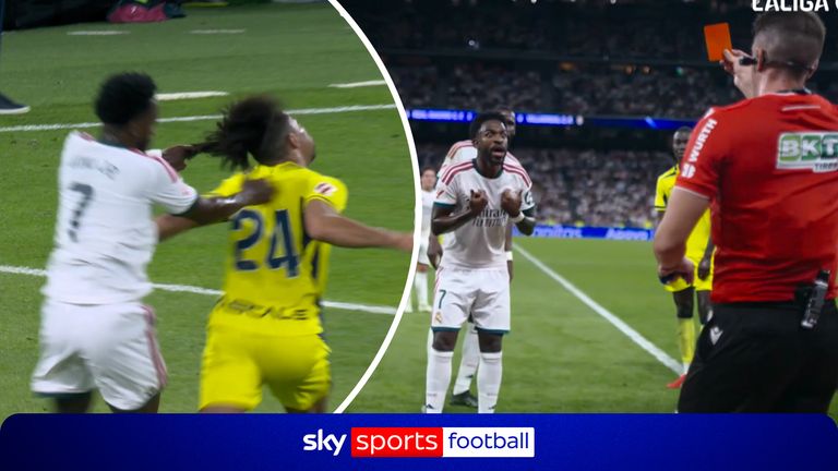 Vinicius Junior has a goal disallowed following a VAR review of the build-up involving Villarreal midfielder Nathan Saliba. The Real Madrid forward is then shown a red card after the incident is reviewed.