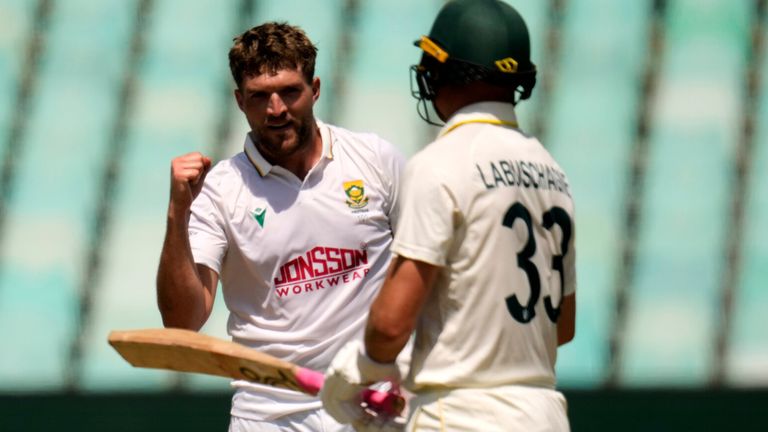Wiann Mulder celebrates after dismissing Australia's Marnus Labuschagne
