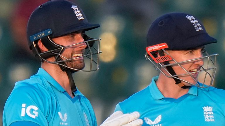 England's Harry Brook, right, celebrates with teammate Will Jacks after scoring double century during the tri-series one-day international cricket match between Sri Lanka and England, in Rawalpindi, Pakistan, Thursday, Oct. 22, 2026. (AP Photo/Anjum Naveed)