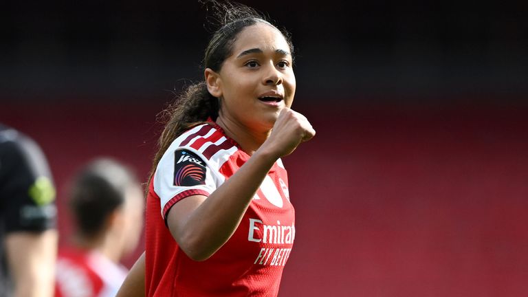 Olivia Smith celebrates after equalising for Arsenal against Birmingham