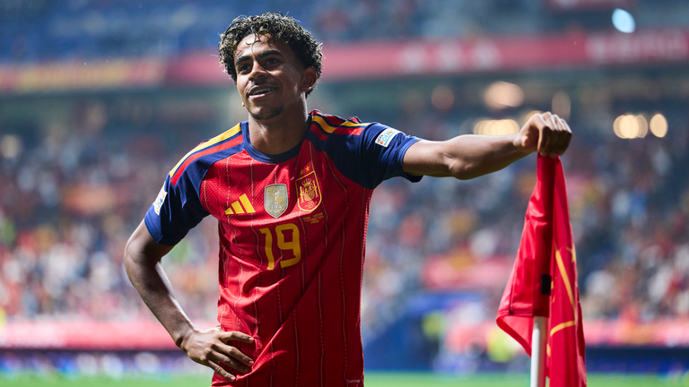 Lamine Yamal celebrates scoring for Spain against Czech Republic