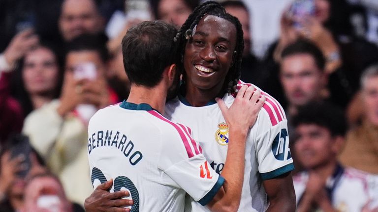Real Madrid's Bernardo Silva and Yan Diomande celebrate Real Madrid's fourth goal 