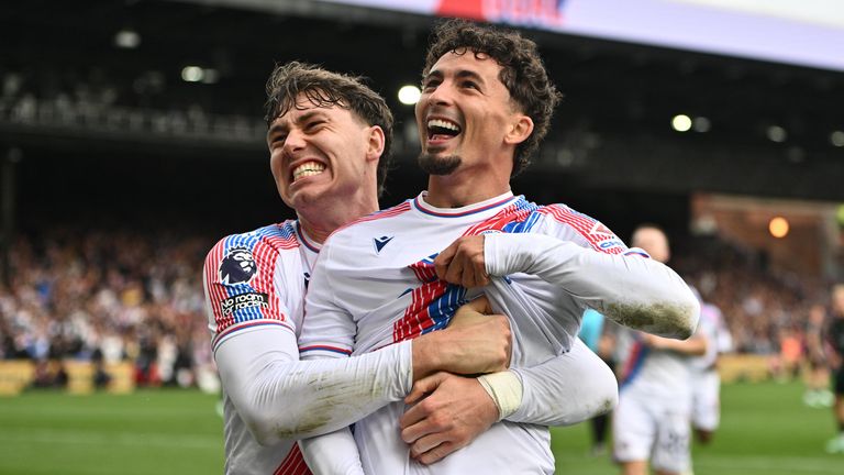 Yeremy Pino celebrates with Jorgen Strand Larsen after scoring the third goal