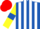 Silk - Royal Blue and White stripes, Yellow sleeves, Royal Blue armlets, Red cap