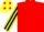 Silk - RED, yellow & black striped sleeves, yellow cap, red spots