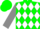 Silk - Green, green 'RAE 18' on white diamonds, grey sleeves, green cap