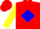 Silk - Red, dk blue diamond, yellow Q front & back, dk blue & yellow block sleeves