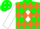 Silk - GREEN, orange 'DB' on white diamond orange diamonds on white sleeves, gre
