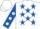 Silk - White, Royal Blue stars, Royal Blue sleeves, White spots, White cap