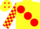 Silk - YELLOW, large red spots, check sleeves, yellow cap, red diamonds