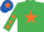 Silk - EMERALD GREEN, orange star, orange stars on sleeves, royal blue cap, orange star