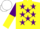 Silk - YELLOW, purple stars, purple & yellow halved sleeves, white cap