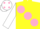 Silk - YELLOW, large PINK spots, WHITE sleeves, WHITE cap, PINK spots