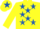 Silk - Yellow, Royal Blue stars, Royal Blue and Yellow Diabolo  on sleeves, Yellow cap, Royal Blue star