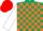 Silk - Dark green and orange check, white sleeves, Red cap