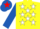 Silk - yellow, white stars, royal blue sleeves, royal blue cap, red star