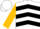 Silk - White, black 'Q' on brown horse head, black chevrons on gold sleeves, gold