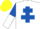 Silk - White, royal blue cross of lorraine, royal blue and white halved sleeves, yellow cap