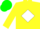 Silk - Yellow, green and white thirds, 'RL' in white diamond, green cap