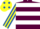 Silk - MAROON & WHITE HOOPS, royal blue & yellow striped sleeves, yellow cap, royal blue spots