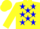 Silk - Yellow body, blue stars, yellow arms, blue hooped, yellow cap, blue hooped