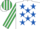 Silk - White, royal blue stars, emerald green and white striped sleeves and cap