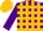 Silk - Purple, red blocks on gold stripes, gold blocks on purple sleeves, gold cap