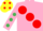 Silk - PINK, large red spots, emerald green spots on sleeves, yellow cap, red spots