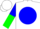 Silk - White, green shamrock on green design encircled blue disc, white and blue begorragh logo, blue and green halved sleeves, white cap