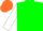 Silk - Green, green 'pjmcq' on white quill, orange bars on white sleeves, orange cap