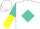 Silk - White, black circled 'af' on yellow and turquoise diamond, turquoise and yellow halved sleeves, white cap