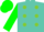 Silk - Turquoise, apple green spots,  white bars and green cuffs on sleeves, green cap