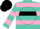 Silk - Turquoise, pink hoops, turquoise and pink 'cm' on black disc, pink bars on sleeves, black cap