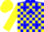 Silk - Blue and yellow blocks, blue stars on blue and yellow sleeves, blue and yellow cap