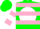 Silk - Green, pink 'mp' on white disc, white and pink hoops, white and pink bars on sleeves, green cap