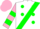 Silk - White, pink and green sash, pink and green spots, pink and green bars on sleeves, pink cap