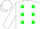 Silk - White, black 'bc' and green spots, green spots on white sleeves, white cap