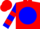 Silk - Red, blue disc, red 'm', blue sleeves, red hoop, red cap, blue pompon