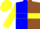 Silk - Blue and brown halves, blue 'mh' in yellow sun, yellow hoop on sleeves, blue and yellow cap