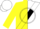 Silk - Yellow and white diagonal halves, black 'bm' in black circle, black sash, yellow and white cap